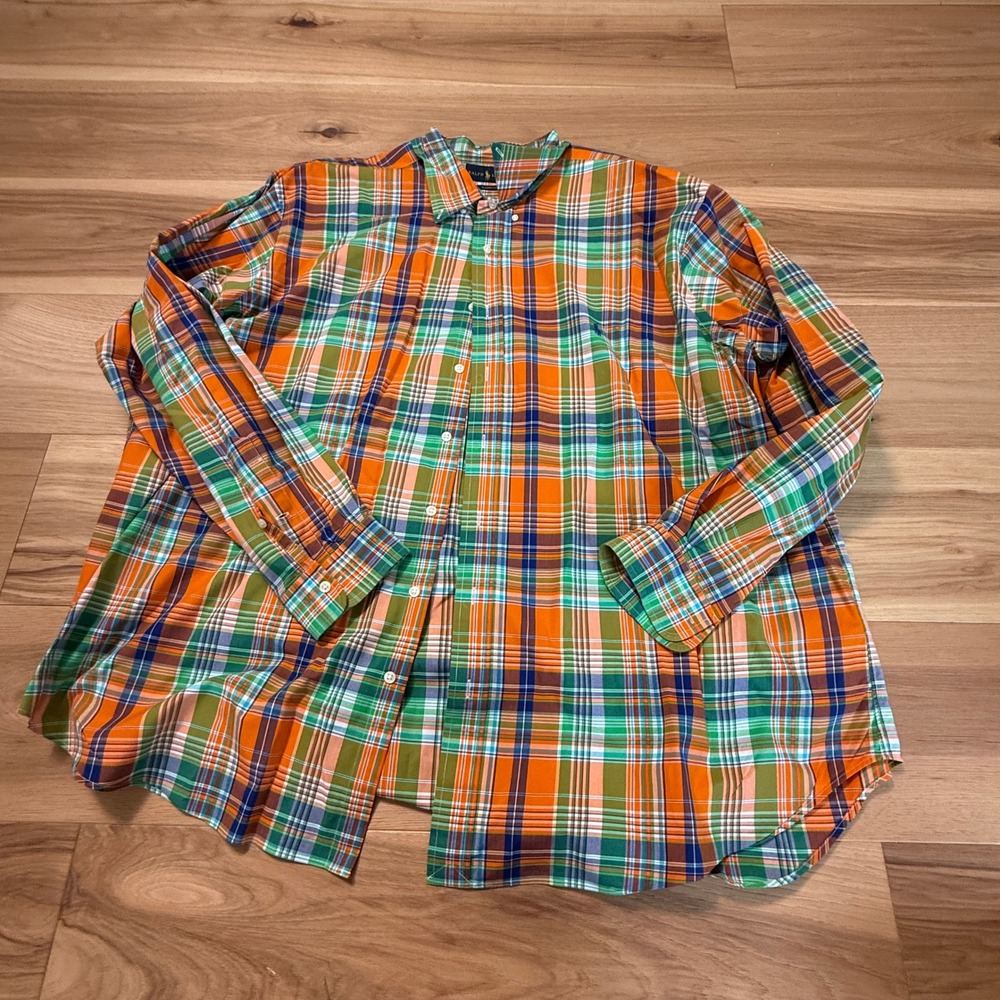 Ralph Lauren Plaid Button Down Mens 3XB Orange Green Blue Classic Fit Pony Logo